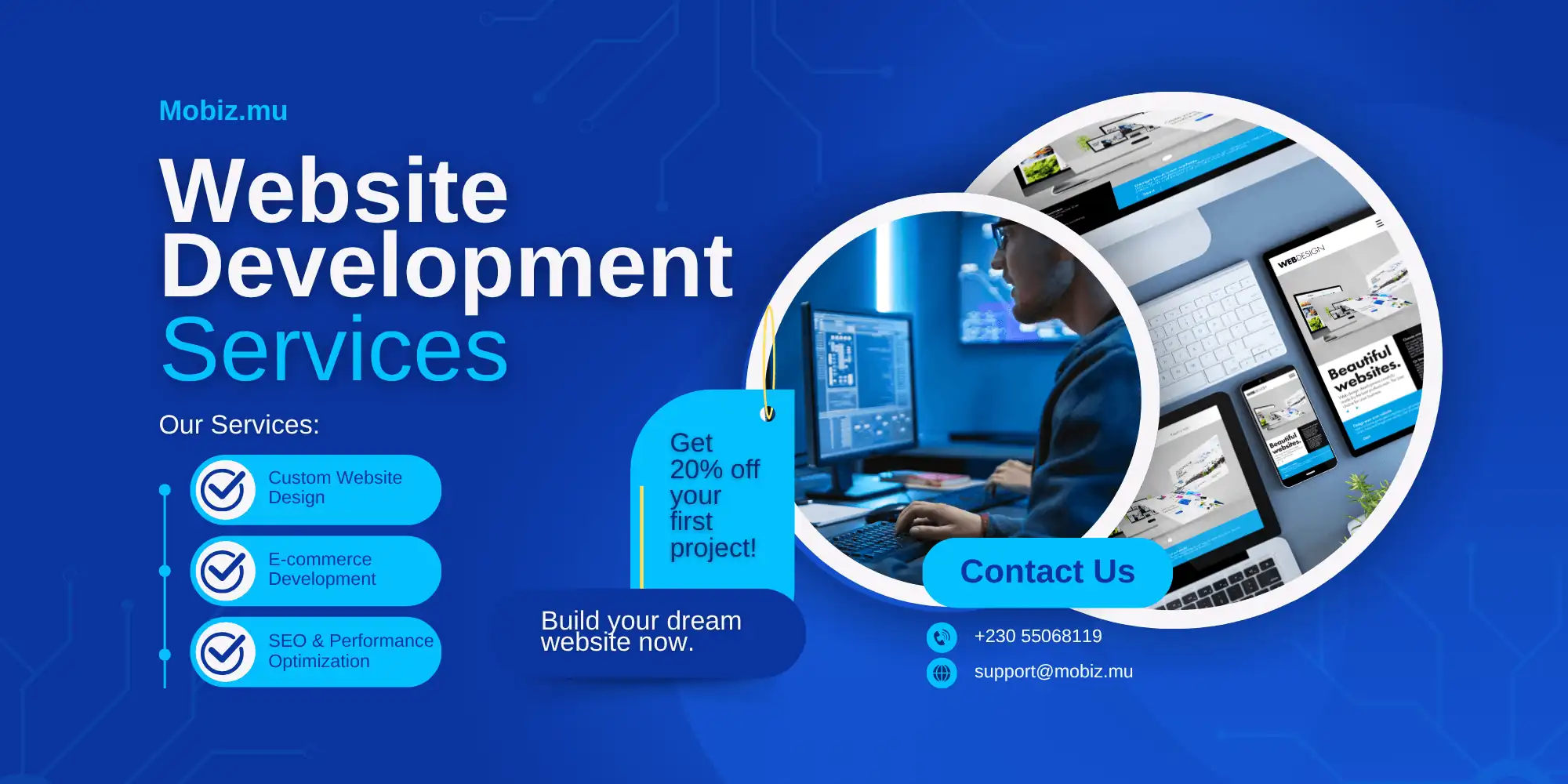 MoBiz.mu Mauritius website design and development hero banner showcasing premium executive business website services and digital solutions