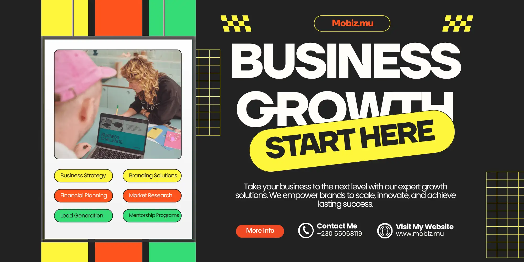 MoBiz.mu Mauritius branding and business solutions hero banner with premium corporate identity and executive brand development visuals