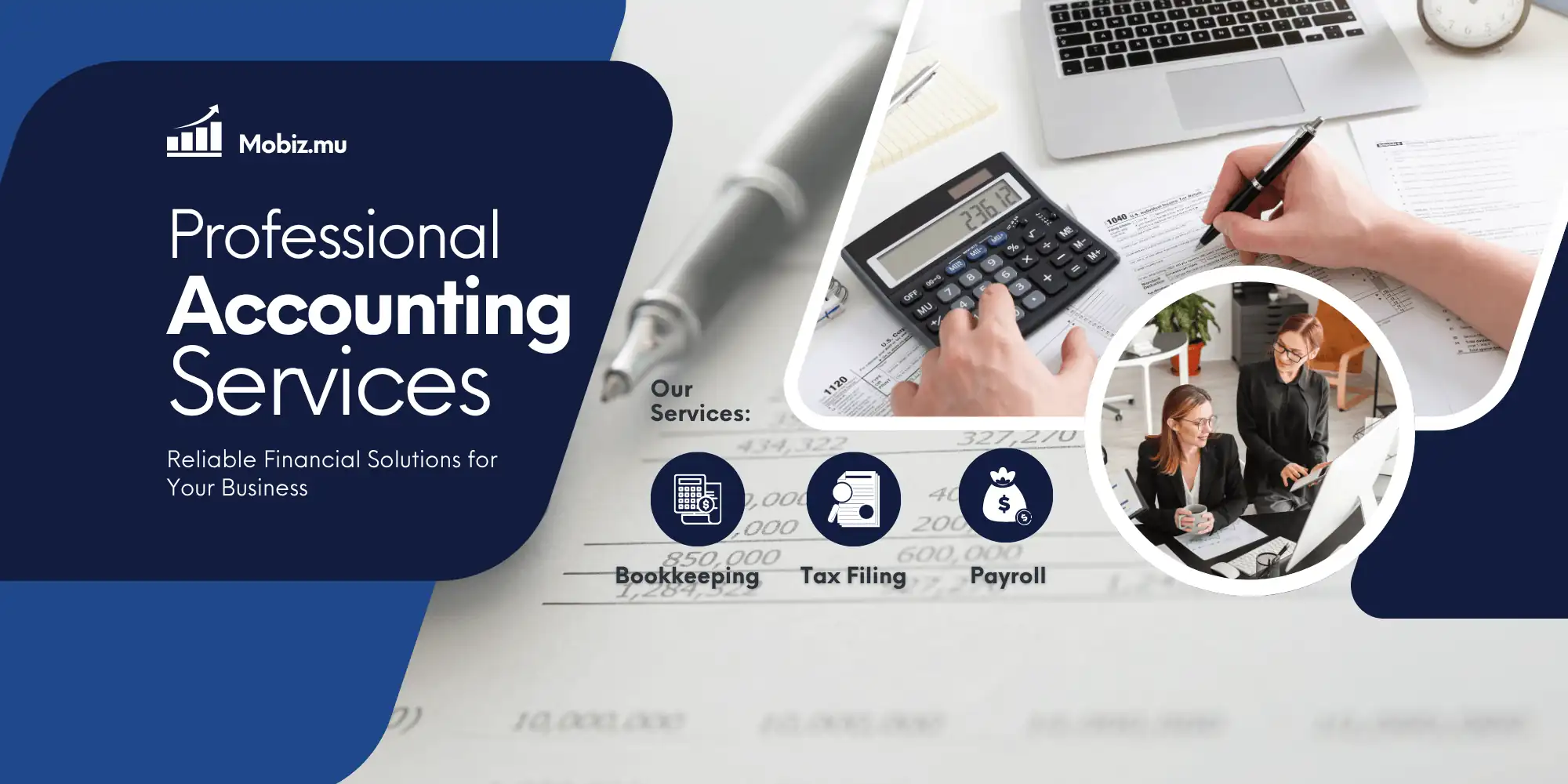 MoBiz.mu Mauritius tax filing and compliance hero banner with premium finance and business tax return service visuals