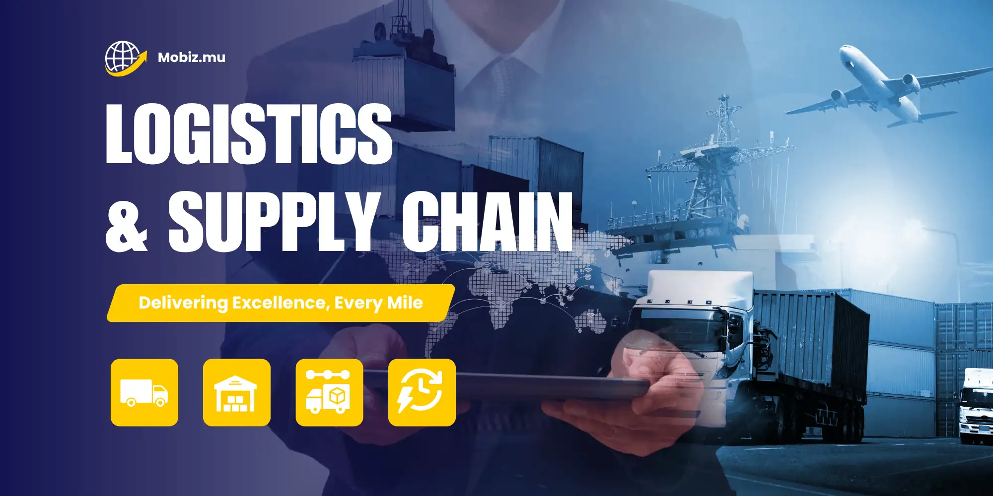 MoBiz.mu Mauritius logistics solutions hero banner with delivery operations and professional business support visuals