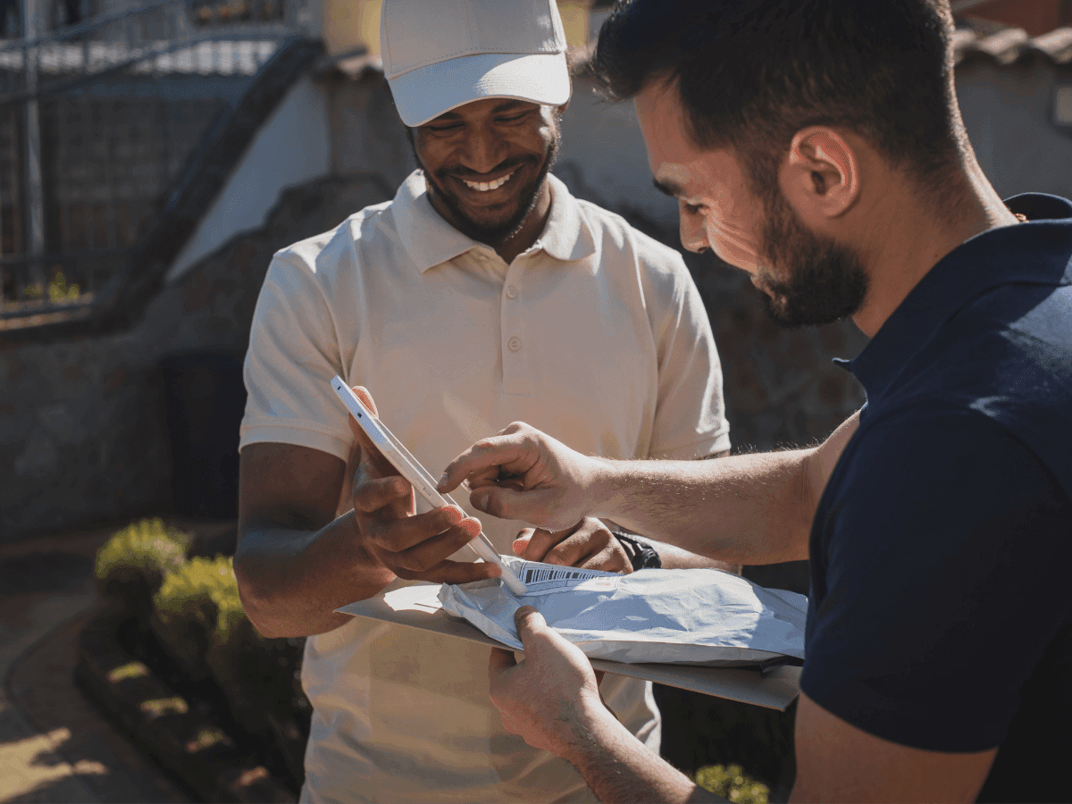 Professional logistics and delivery portfolio image in Mauritius showing parcel handling and customer service operations